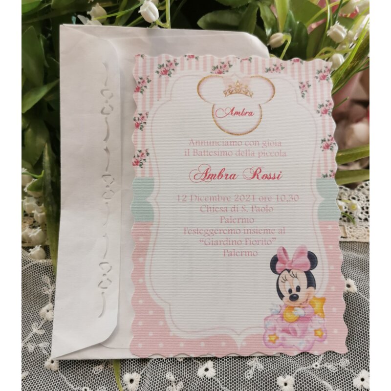 Biglietto Battesimo Bimbo Inviti Battesimo Minnie Topolina Rosa - Set 10 Biglietti 12x18 Cm, Con Busta, Personalizzabili, Per Bimba Partecipazioni Battesimo 10 Pezzi