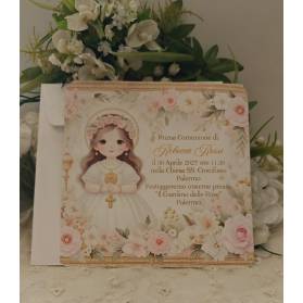 INVITO PRIMA COMUNIONE CON FIORI ROSA