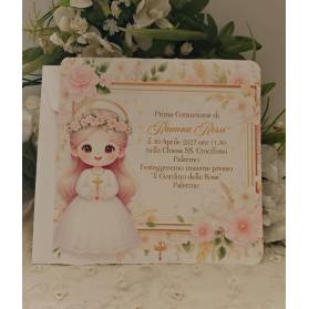 INVITO PRIMA COMUNIONE CON FIORI ROSA E BIANCHI