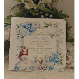 INVITO PRIMA COMUNIONE CON ROSE AZZURRE