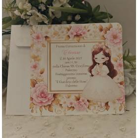INVITO PRIMA COMUNIONE CON ROSE CIPRIA E ORO