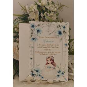 INVITO PRIMA COMUNIONE BIMBA FIORI AZZURRI