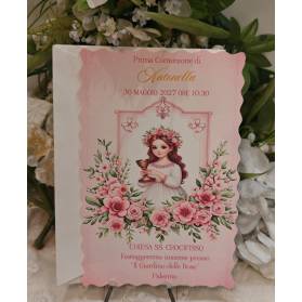 INVITO PRIMA COMUNIONE BIMBA FIORI FUXIA