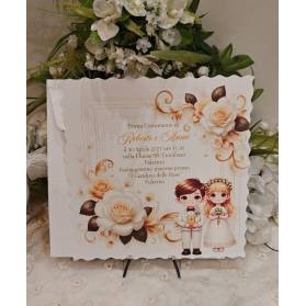 INVITO PRIMA COMUNIONE FRATELLI CON PEONIE