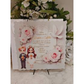 INVITO PRIMA COMUNIONE FRATELLI CON ROSE