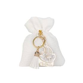 SACCHETTO CRESIMA CON PORTACHIAVI CON CONFETTI