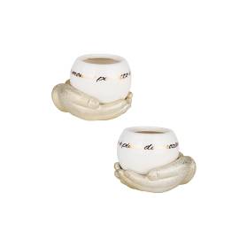 BOMBONIERA PORTAPIANTA LED SU MANO IN PORCELLANA CON CONFETTI