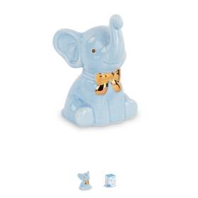 ELEFANTINO CELESTE CON FIOCCO ORO CON CONFETTI