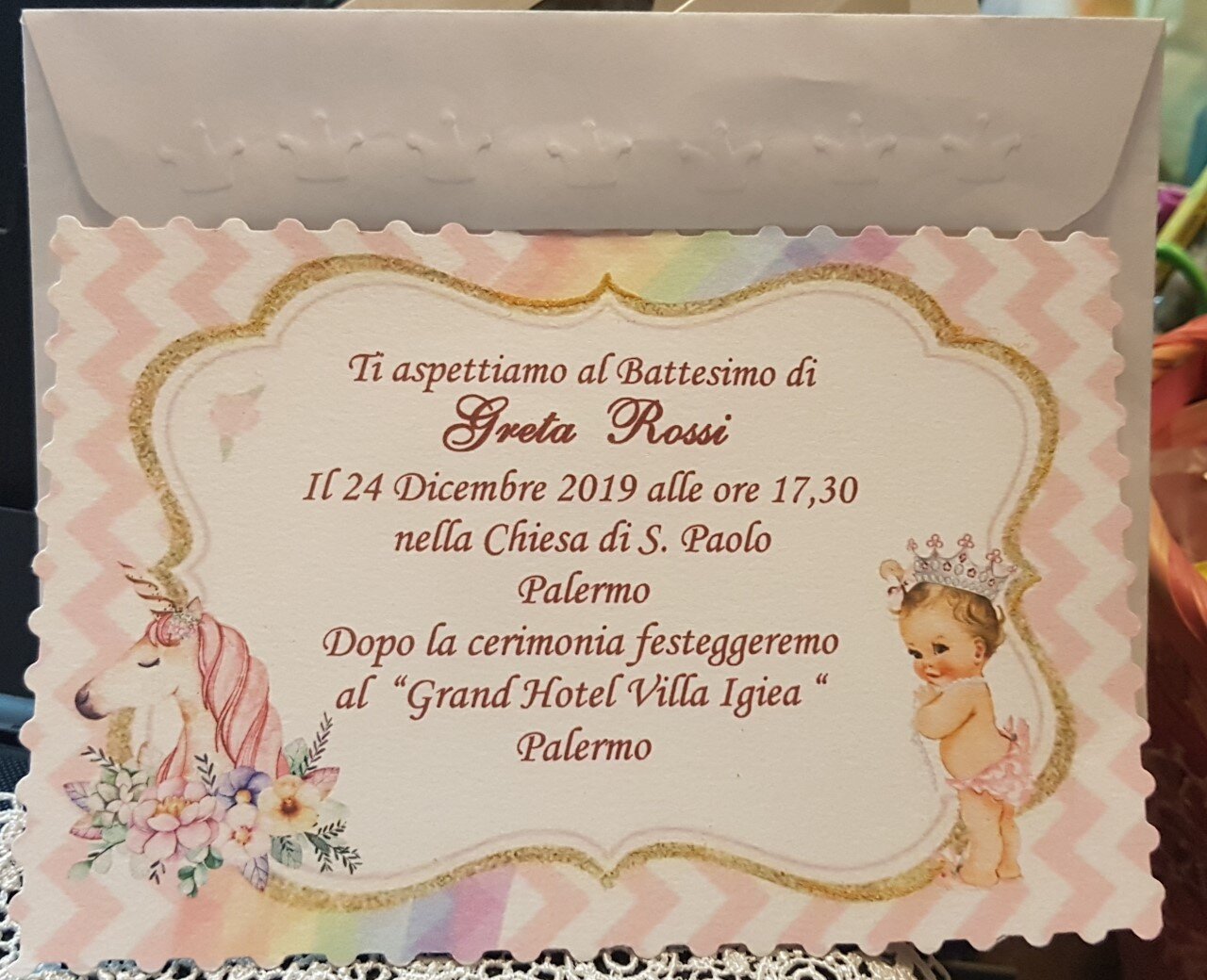 Bomboniera Chic Invito Battesimo Bimba Con Unicorno