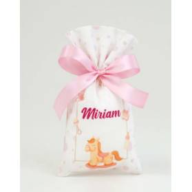 SACCHETTO NASCITA CAVALLINO CON IL NOME E CONFETTI