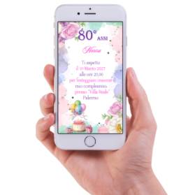 INVITO DIGITALE 80 ANNI DONNA FIORI COLORATI