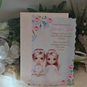 INVITO PRIMA COMUNIONE GEMELLE OCCHI AZZURRI