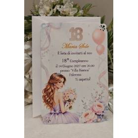 INVITO 18 ANNI CON BUSTA RAGAZZA CON ANGOLI PIZZO TRAFORATO