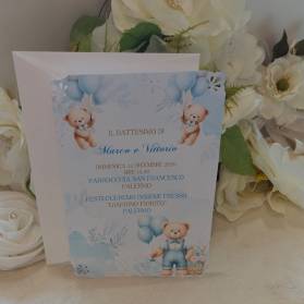 INVITO BATTESIMO GEMELLI ORSETTI CON ANGOLI RAFORATI