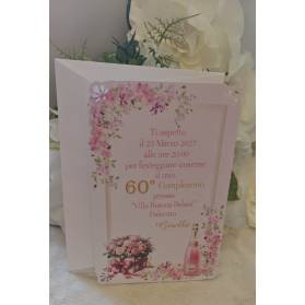 INVITO 60 ANNI DONNA CON ANGOLI PIZZO FIORI FUXIA