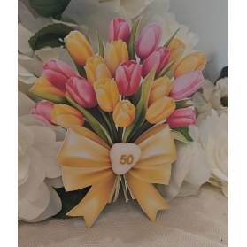 SEGNAPOSTO 50 ANNI TULIPANI PERSONALIZZATO CON CUORE CIOCCOLATO