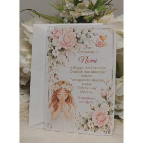 INVITO PRIMA COMUNIONE RAGAZZA CON FIORI ROSA E BIANCHI