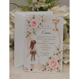 INVITO PRIMA COMUNIONE RAGAZZA CON FIORI ROSA E BIANCHI