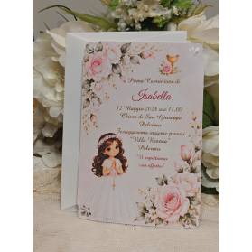 INVITO PRIMA COMUNIONE RAGAZZA CON FIORI ROSA E BIANCHI