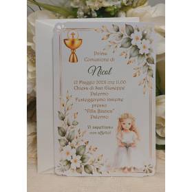 INVITO PRIMA COMUNIONE RAGAZZA CON FIORI BIANCHI