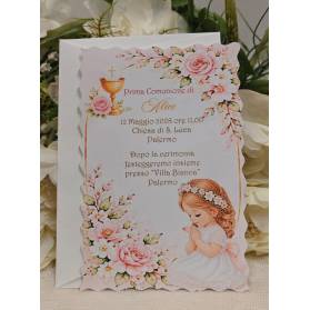 INVITO PRIMA COMUNIONE RAGAZZA CON FIORI ROSA