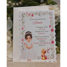 INVITO PRIMA COMUNIONE RAGAZZA CON FIORI ROSA E VERDE