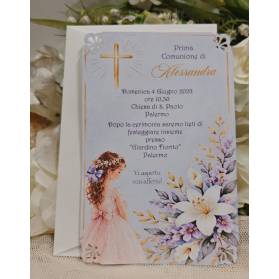 INVITO PRIMA COMUNIONE RAGAZZA FIORI GLICINE