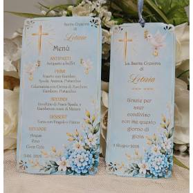 MENU' SANTA CRESIMA CON ANGOLI TRAFORATI CELESTE POLVERE