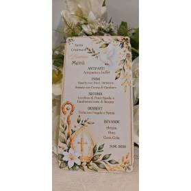 MENU' SANTA CRESIMA CON ANGOLI TRAFORATI VERDE E BEIGE
