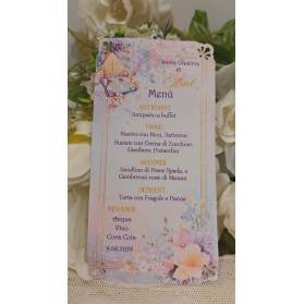 MENU' SANTA CRESIMA CON ANGOLI TRAFORATI FIORI ROSA