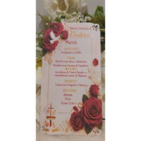 MENU' SANTA CRESIMA CON ANGOLI TRAFORATI FIORI ROSA