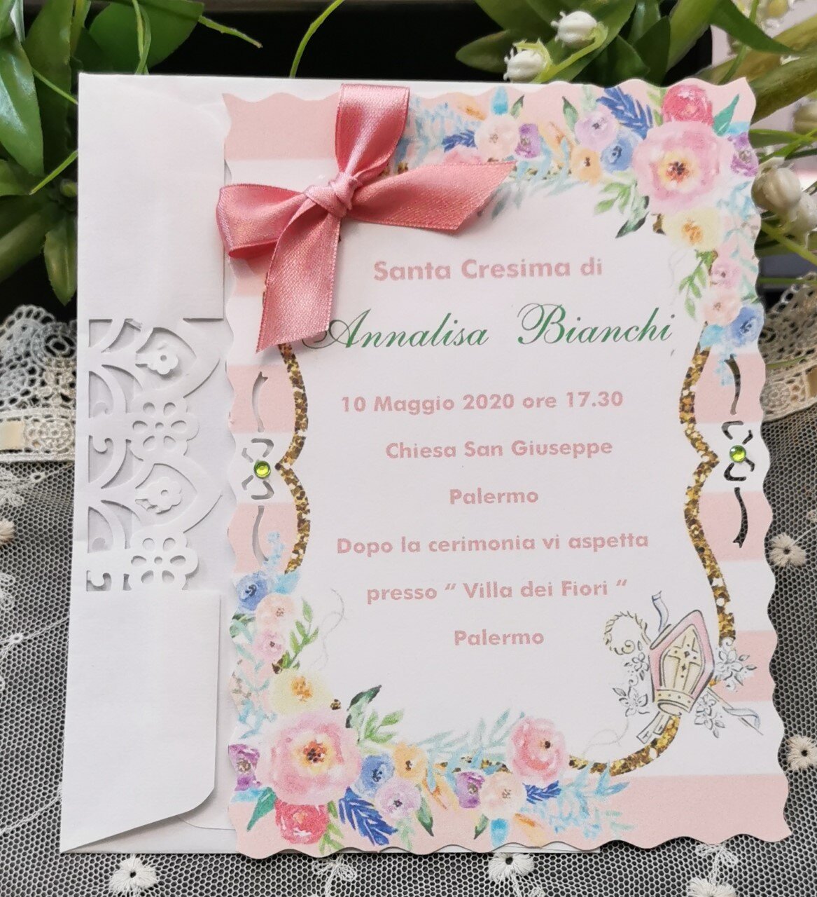 Bomboniera Chic Invito Cresima Personalizzato Con Decoro Fiori