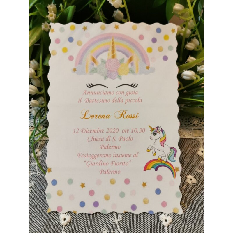 Inviti Battesimo Unicorno 10 Pezzi Con Busta - Partecipazioni Bimba Bimbo Personalizzabili 12x18 Cm